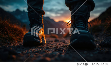 close-up of hiking boots on a trail at sunset 121516420