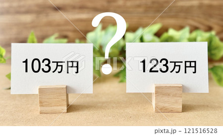 103万円と123万円のカードとクエスチョンマークとツタ_茶色板背景 121516528