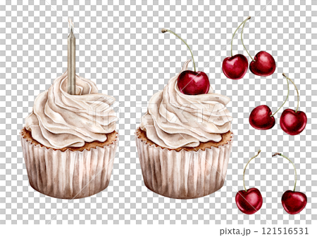 Watercolor sweets cupcake with cherry and candle. Elements of design holidays or wedding pastel colors. Watercolor hand drawing illustration on isolated white background for birthday or Valentines day Watercolor sweets cupcake with cherry and candle. Elements of design holidays or wedding pastel colors. Watercolor hand drawing illustration on isolated white background for birthday or Valentines day 121516531