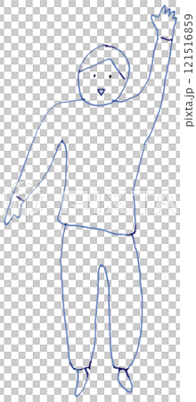 左手を上げて合図をする人の線画イラスト手書き_万年筆ブルーブラック染料インク 左手を上げて合図をする人の線画イラスト手書き_万年筆ブルーブラック染料インク 121516859