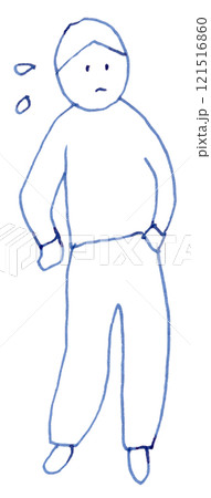 ポケットに手を入れて何かを探す（汗）人の線画イラスト手書き_万年筆