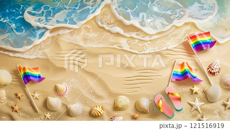 Rainbow flags, seashells, starfish, and flip-flops rest on a sandy beach with gentle waves in the background, celebrating LGBTQ+ pride. Rainbow flags, seashells, starfish, and flip-flops rest on a sandy beach with gentle waves in the background, celebrating LGBTQ+ pride. 121516919