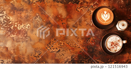 Two cups of coffee, one with latte art and the other sprinkled with cocoa powder, rest on saucers on a rustic, textured surface with ample negative space. 121516943