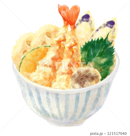 白いどんぶりに入った天丼のイラスト(えび・しそ・かぼちゃ・しいたけ