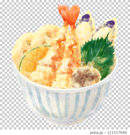 白碗天婦羅碗的插圖（蝦、紫蘇、南瓜、香菇、蓮藕、茄子） 121517040