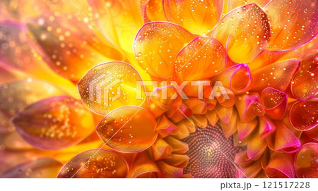 Bathed in golden sunlight, a vibrant orange dahlia bloom unfurls its delicate petals, adorned with glistening water droplets, showcasing nature's intricate beauty. 121517228