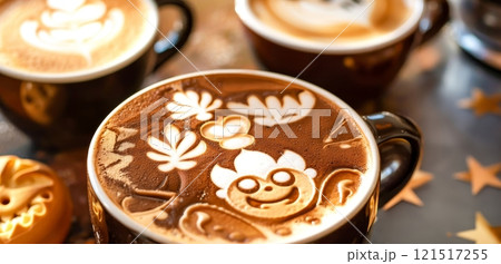 On a rustic wooden table, amidst decorative golden stars and a gingerbread cookie, three cups of coffee entice with their frothy surfaces adorned with intricate latte art designs of leaves, flowers, On a rustic wooden table, amidst decorative golden stars and a gingerbread cookie, three cups of coffee entice with their frothy surfaces adorned with intricate latte art designs of leaves, flowers, 121517255