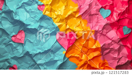 Pink paper hearts are scattered across a textured backdrop of crumpled blue, pink, and yellow paper, creating a playful and colorful Valentine's Day scene. 121517283