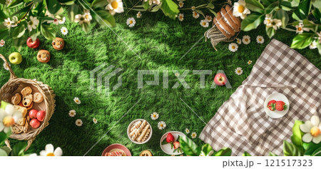 a checkered picnic blanket is spread out amidst scattered daisies, with a wicker basket overflowing with pastries and apples, bowls of strawberries, and plates of cookies, inviting relaxation and a checkered picnic blanket is spread out amidst scattered daisies, with a wicker basket overflowing with pastries and apples, bowls of strawberries, and plates of cookies, inviting relaxation and 121517323