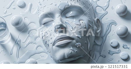 a white surface adorned with water droplets, a serene white face sculpture rests, surrounded by clear capsules and a glass of water. 121517331