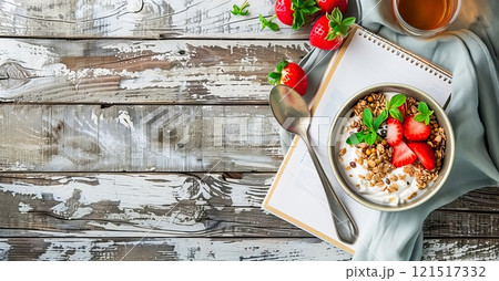 a bowl of creamy yogurt topped with crunchy granola, fresh strawberries, and fragrant mint sprigs sits beside a spiral notebook and a silver spoon, inviting a healthy and delicious breakfast. 121517332