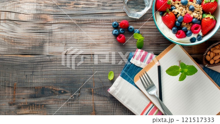 a white bowl filled with yogurt, granola, and berries is surrounded by scattered berries, almonds, and a glass of water, accompanied by a notepad, fork, and napkin. 121517333