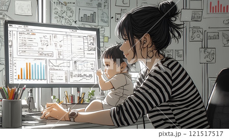赤ん坊を抱きながらデスクワークをしている女性