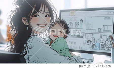 赤ん坊を抱きながらデスクワークをしている女性