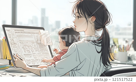 赤ん坊を抱きながらデスクワークをしている女性