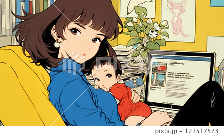 赤ん坊を抱きながらデスクワークをしている女性
