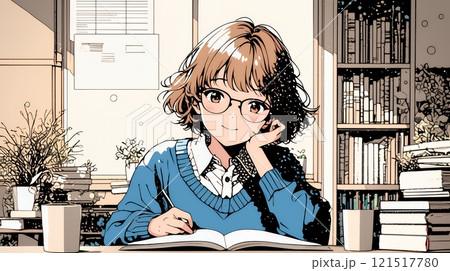 メガネっ娘：いつも勉強や読書やデスクワークをしている