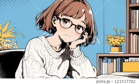 メガネっ娘：いつも勉強や読書やデスクワークをしている