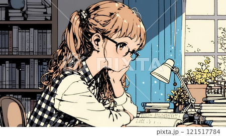 メガネっ娘：いつも勉強や読書やデスクワークをしている