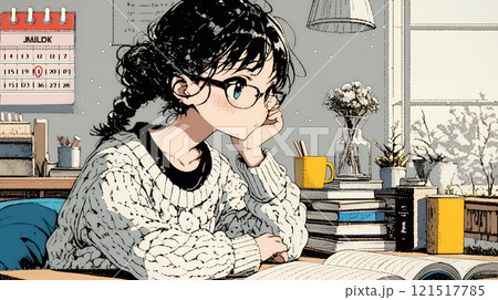 メガネっ娘：いつも勉強や読書やデスクワークをしている