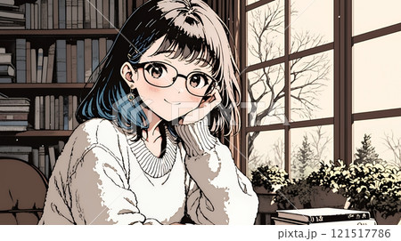 メガネっ娘：いつも勉強や読書やデスクワークをしている