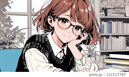 メガネっ娘：いつも勉強や読書やデスクワークをしている