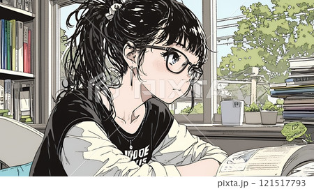 メガネっ娘：いつも勉強や読書やデスクワークをしている