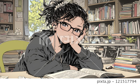 メガネっ娘：いつも勉強や読書やデスクワークをしている