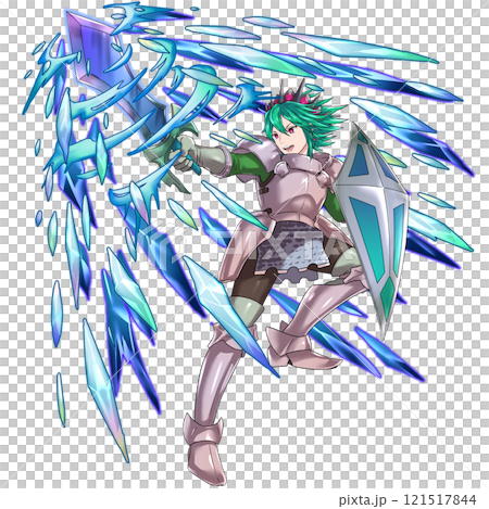 Male hero in action pose brandishing a sword, green hair, with ice effect Male hero in action pose brandishing a sword, green hair, with ice effect 121517844