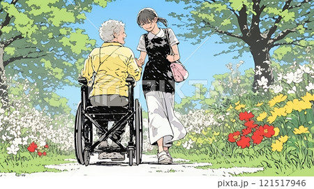 車椅子の歳をとった女性が若い女性に付き添われて公園を散歩している