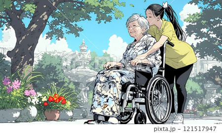 車椅子の歳をとった女性が若い女性に付き添われて公園を散歩している