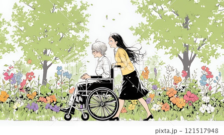 車椅子の歳をとった女性が若い女性に付き添われて公園を散歩している