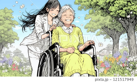 車椅子の歳をとった女性が若い女性に付き添われて公園を散歩している 121517949