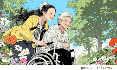 車椅子の歳をとった女性が若い女性に付き添われて公園を散歩している