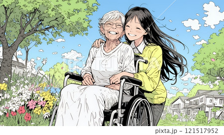 車椅子の歳をとった女性が若い女性に付き添われて公園を散歩している