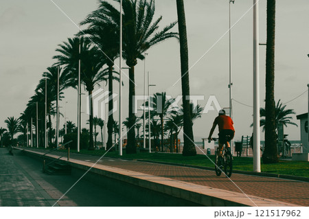 Man cyclist riding a bike riding on a bicycle lane on a promenade at tropical resort under green palms. Palm trees on embankment. Sport, workout. 121517962