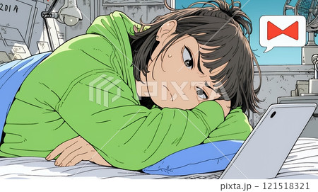 寝ようとしているときに嫌なメールを受け取り、不快そうな若い女性 121518321