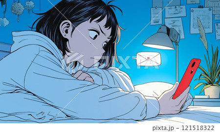 寝ようとしているときに嫌なメールを受け取り、不快そうな若い女性 121518322