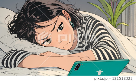 寝ようとしているときに嫌なメールを受け取り、不快そうな若い女性 121518323