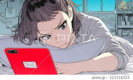 寝ようとしているときに嫌なメールを受け取り、不快そうな若い女性 121518325