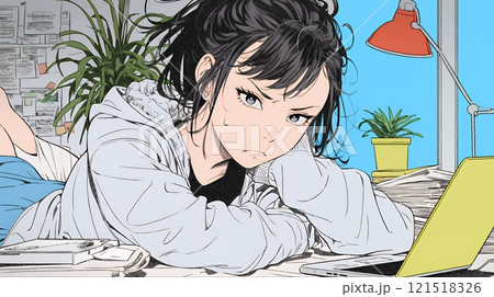 寝ようとしているときに嫌なメールを受け取り、不快そうな若い女性