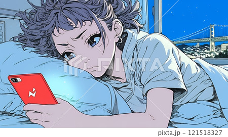 寝ようとしているときに嫌なメールを受け取り、不快そうな若い女性 121518327
