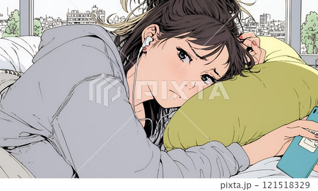 寝ようとしているときに嫌なメールを受け取り、不快そうな若い女性 121518329