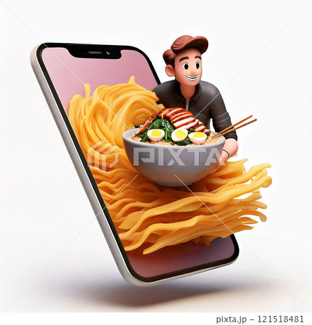 3D立体イラスト：デジタルグルメ、スマホから飛び出すラーメン 121518481