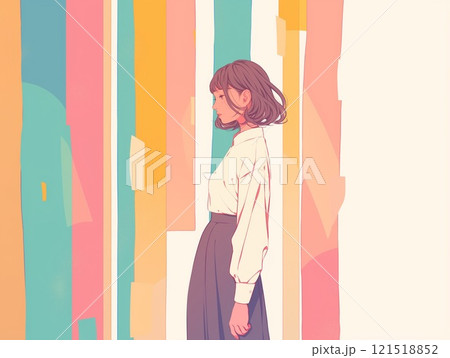 カラフルな背景と横顔の女性のイラスト 121518852