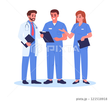 Medical doctors talking. Hospital staff communication, professional surgeon, therapist or neurologist discussion, doctors wearing uniform flat vector illustration. Hospital workers characters 121518918