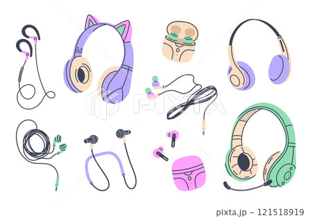 Music headphones. Wired and wireless audio equipment, earphones and in-ear electronic music devices flat vector Illustration set. Digital music listening devices 121518919