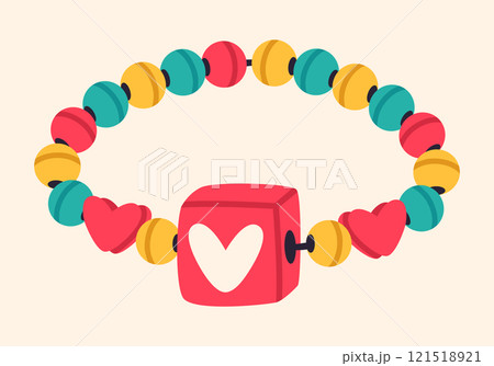 Plastic friendship jewelry. Cartoon friendship bead bracelet, handmade kids cute accessory with colored beads flat vector illustration. Handcrafted jewelry 121518921