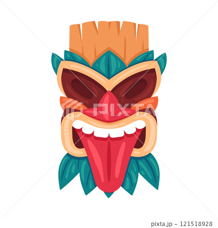 Tiki totem mask. Cartoon ceremonial wooden tiki african or hawaiian mask, ethnic ritual idol flat vector illustration. Tribal ritual mask on white Tiki totem mask. Cartoon ceremonial wooden tiki african or hawaiian mask, ethnic ritual idol flat vector illustration. Tribal ritual mask on white 121518928