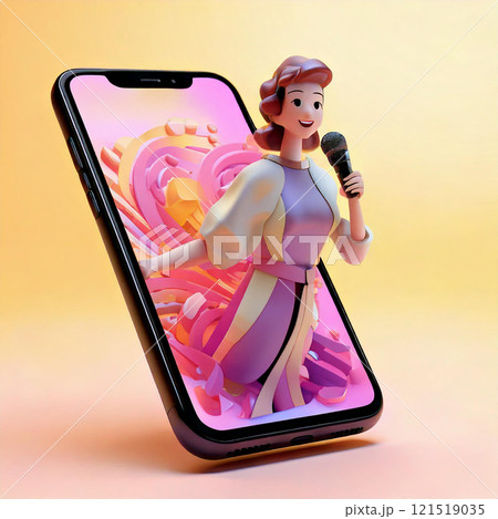 3D立体イラスト：スマホから飛び出すカラオケで歌う女性 121519035